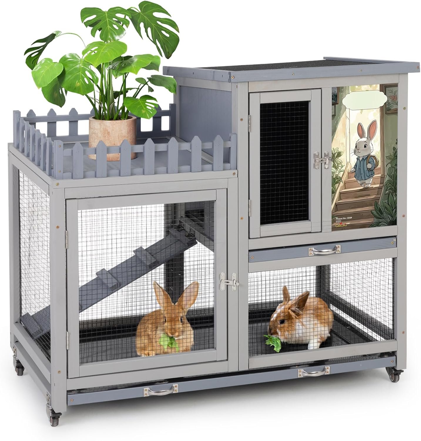 Wood Rabbit Hutch with Balcony – Small Animal House Bunny Cage on Wheels for Indoor Outdoor, Rabbit Cage Included Ramp, Pull Out Tray, (Grey with Pattern)