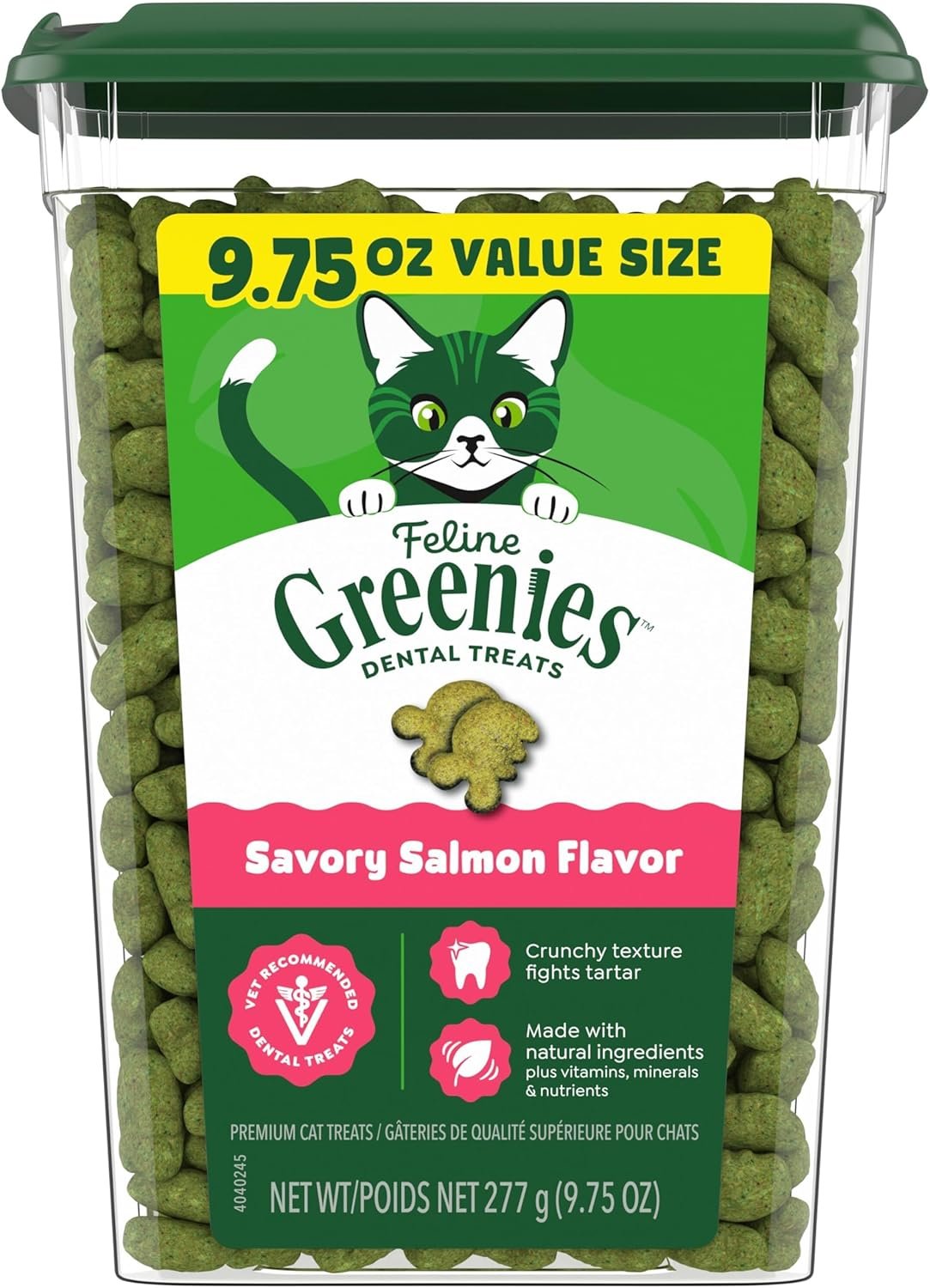 Greenies Cat Treats, Feline Veterinarian-Recommended Adult Natural Dental Cat Treats, Savory Salmon Flavor, 9.75 oz. Tub