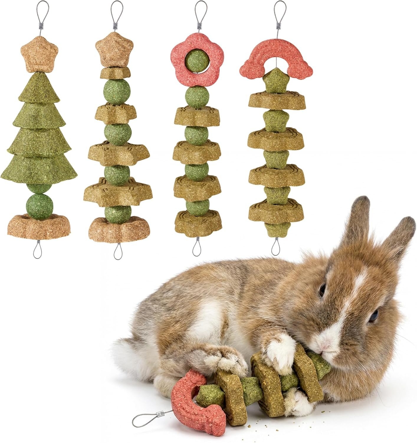 4 Pack Rabbit Toys, Prevent Teeth Overgrowth, Natural Bunny Chew Toys Guinea Pig Treats Hamster Toys, Made with Natural Timothy Grass & Vegetables, Suitable for Rodent Pets Small Animal Toys