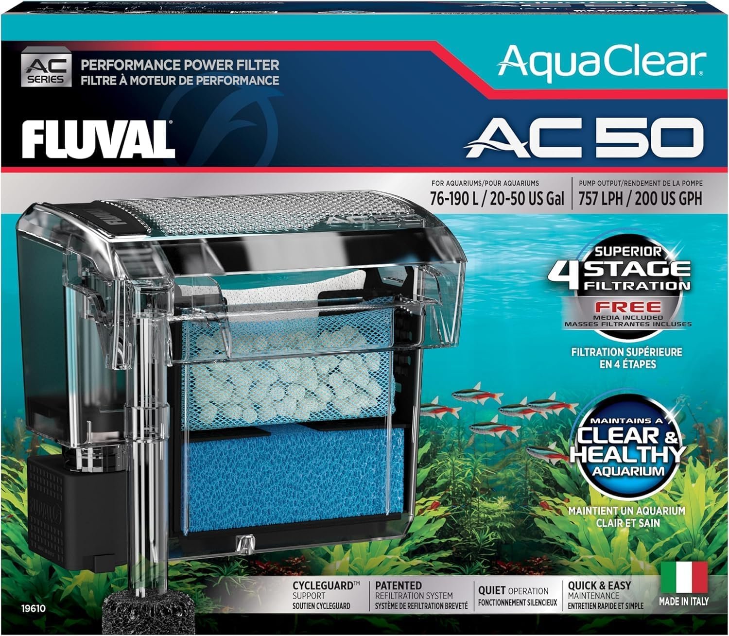 Fluval 50 Power Filter – Aquarium Filter for 20 to 50 Gallon Fish Tanks – Quiet Energy Efficient Pump – Mechanical, Chemical & Biological Filtration – Easy Install & Maintenance (Packaging May Vary)