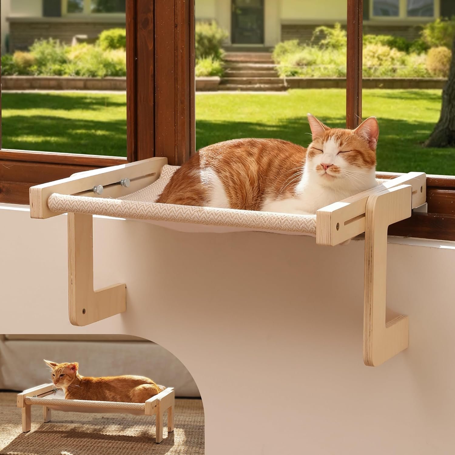 FUKUMARU Cat Window Perch, Transformable Cat Hammock for Windowsill and Floor, Cats Window Bed for Large Cats and Kittens, Reinforced Wood and Metal Frame, Easy to Adjust & Assemble Pet Pech Beds