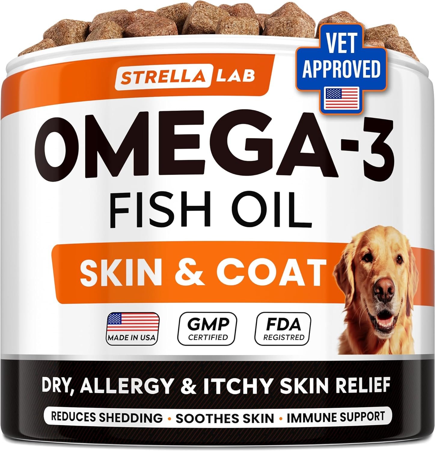 STRELLALAB Omega 3 for Dogs – (180Ct) Fish Oil Treats – Allergy & Itch Relief Skin & Coat Supplement – Dry Itchy Skin, Anti Shedding & Hot Spots Treatment – Pet Salmon Oil Chews – Chicken Flavor