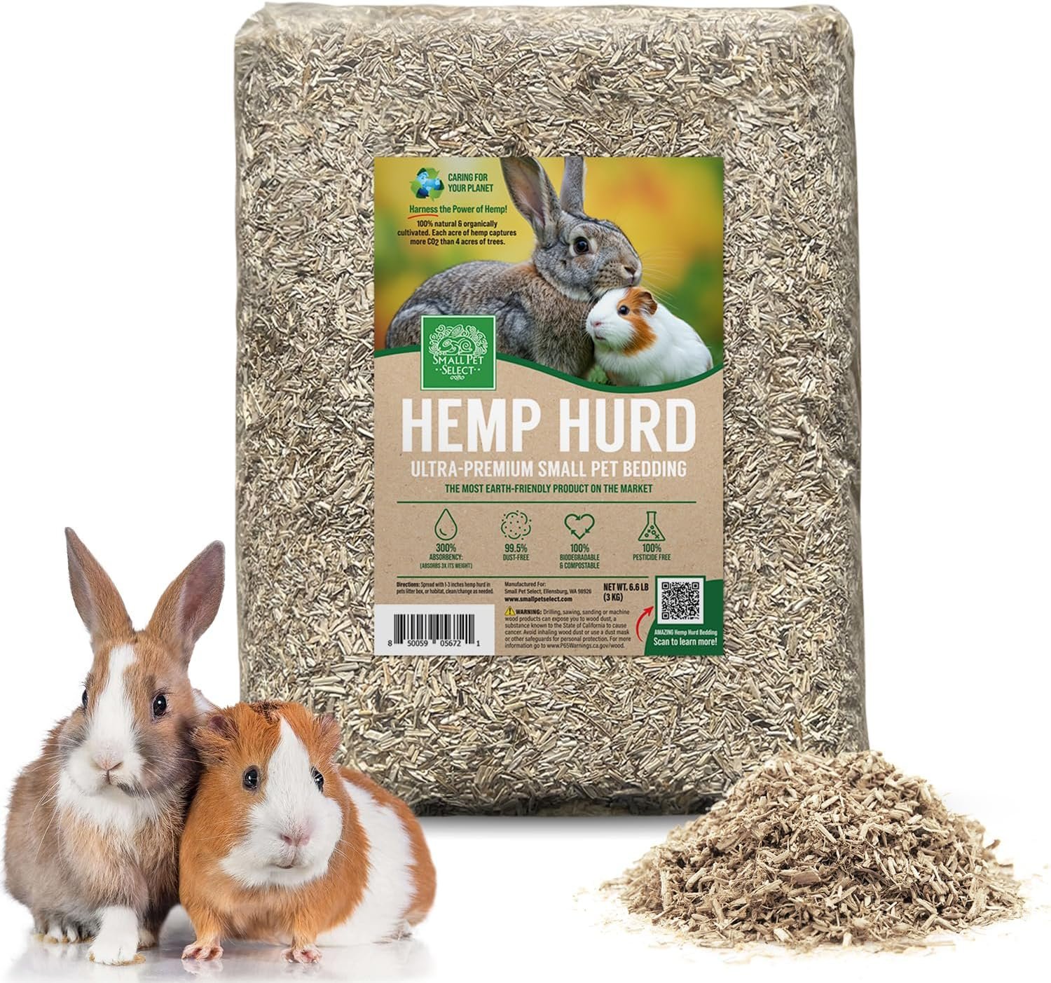 Small Pet Select Hemp HURD Ultra-Premium Small Pet Bedding, Biodegradable Animal Bedding, Eco Friendly Odor Control for Rabbits, Guinea Pigs, Hamsters, and Other Small Animals, 6.6 lb