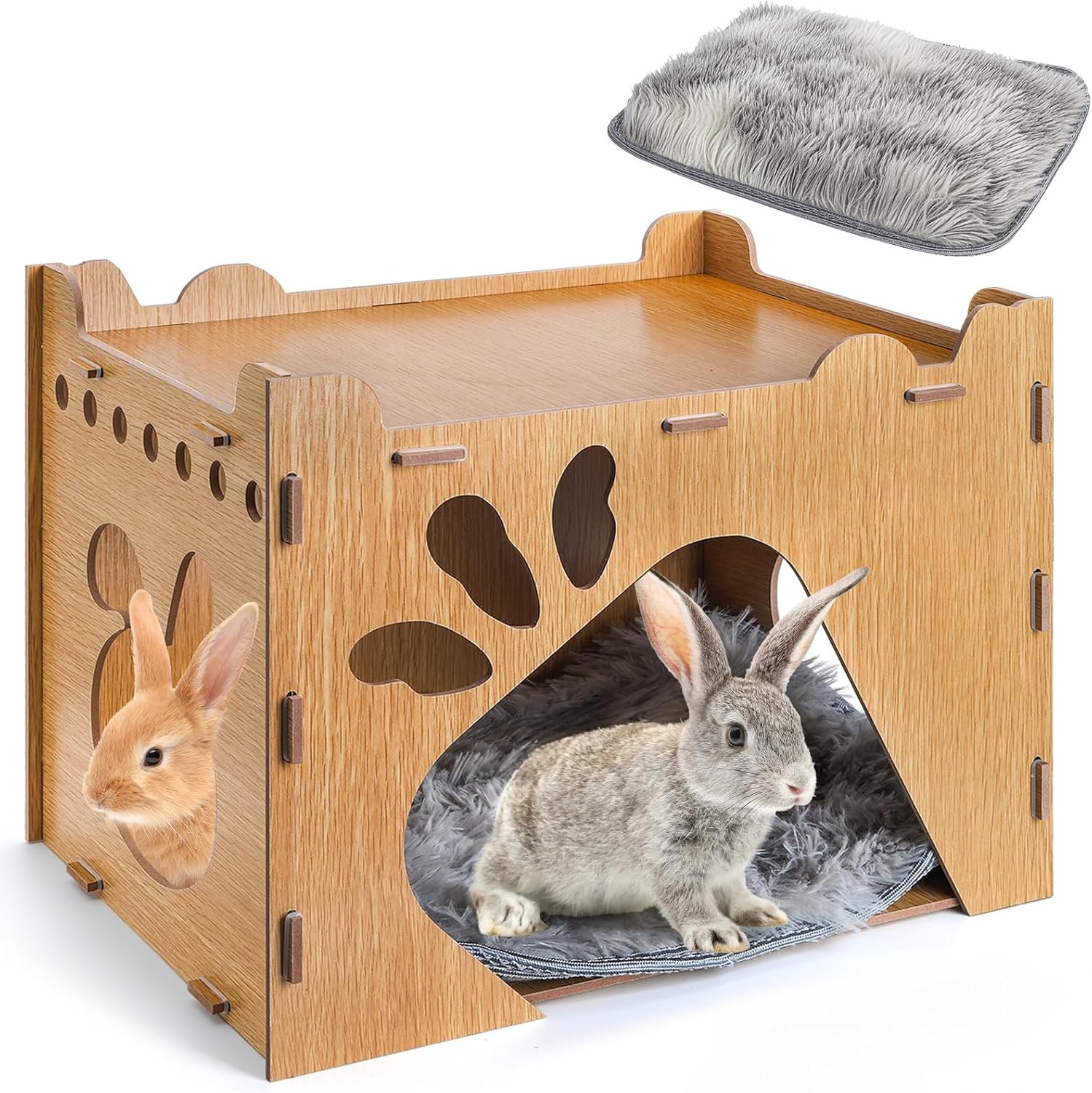 Yesland Rabbit Hideout Castle, Large Wooden Bunny Houses and Hideouts with Pet Pad, Detachable Small Animal Play Hideaway Hut and Playhouse for Indoor Bunnies Guinea Pig Hamster Chinchilla Gerbi