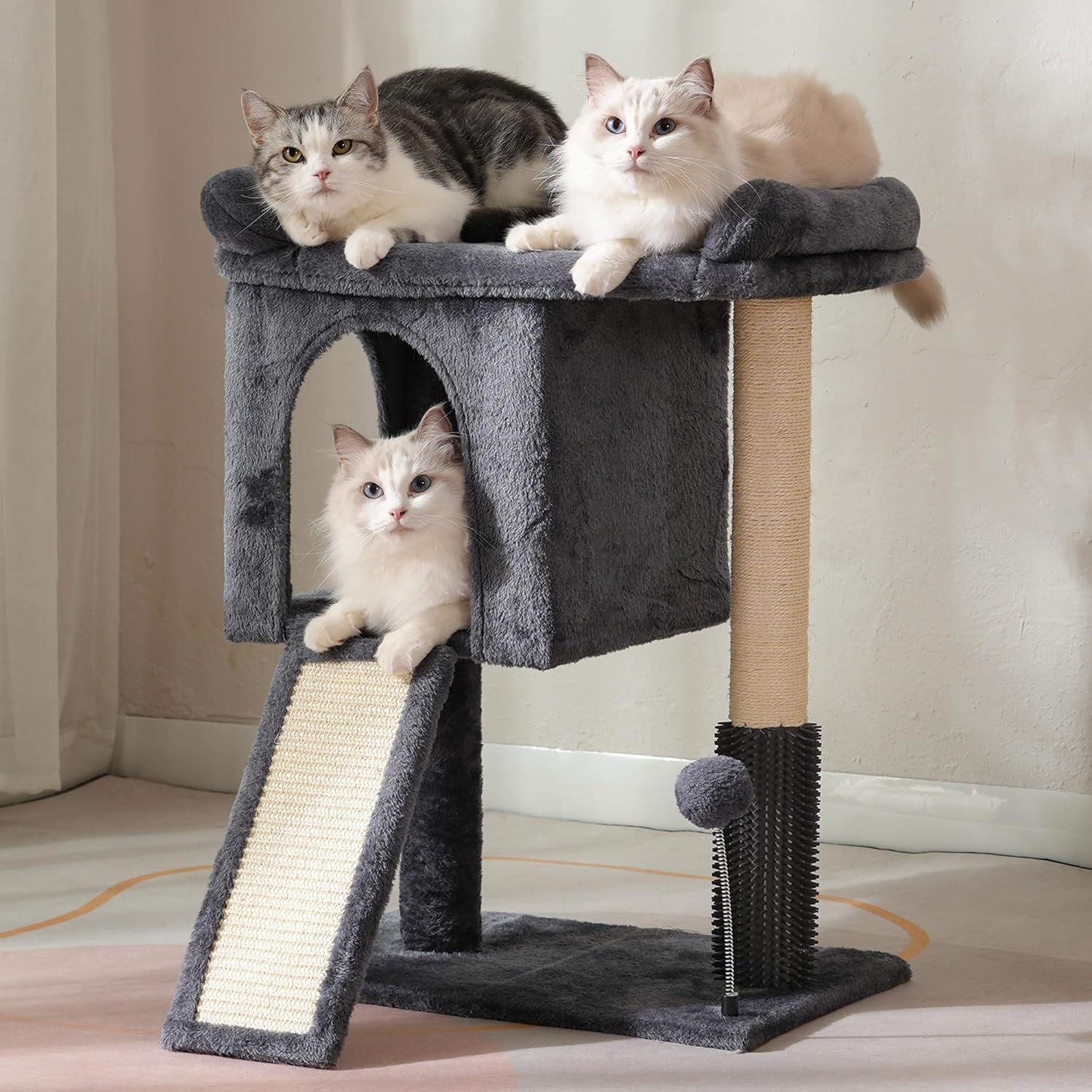 Small Cat Tree Tower for Large Cats with Spacious Top Bed 20×13.8”Private Cat Condo,Sisal Scratching Post and Ramp and Self Groomer and Spring Ball-Dark Grey