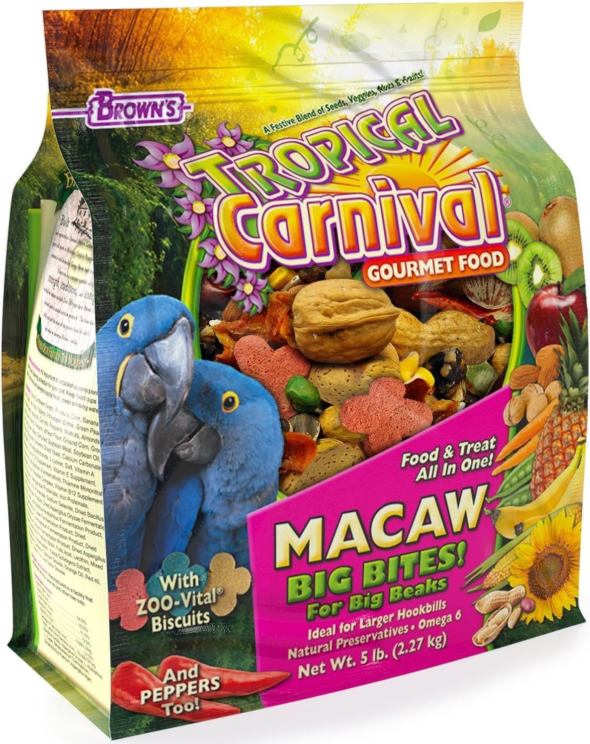 F.M. Brown’s Tropical Carnival, Gourmet Macaw Food Big Bites for Big Beaks, Vitamin-Nutrient Fortified Daily Diet with Probiotics for Digestive Health, 5 lb
