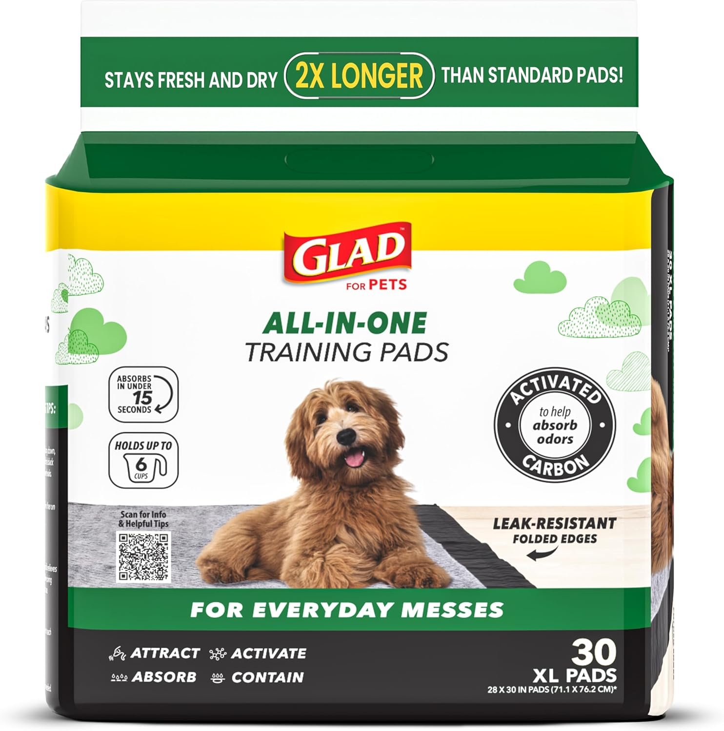 Glad for Pets Extra Large Charcoal Dog Training Pads, Absorbent Leak Proof Pee Pads for Dogs and Puppies, Odor Control Potty Pads with Activated Carbon, 28 x 30 Inches, 30 Count