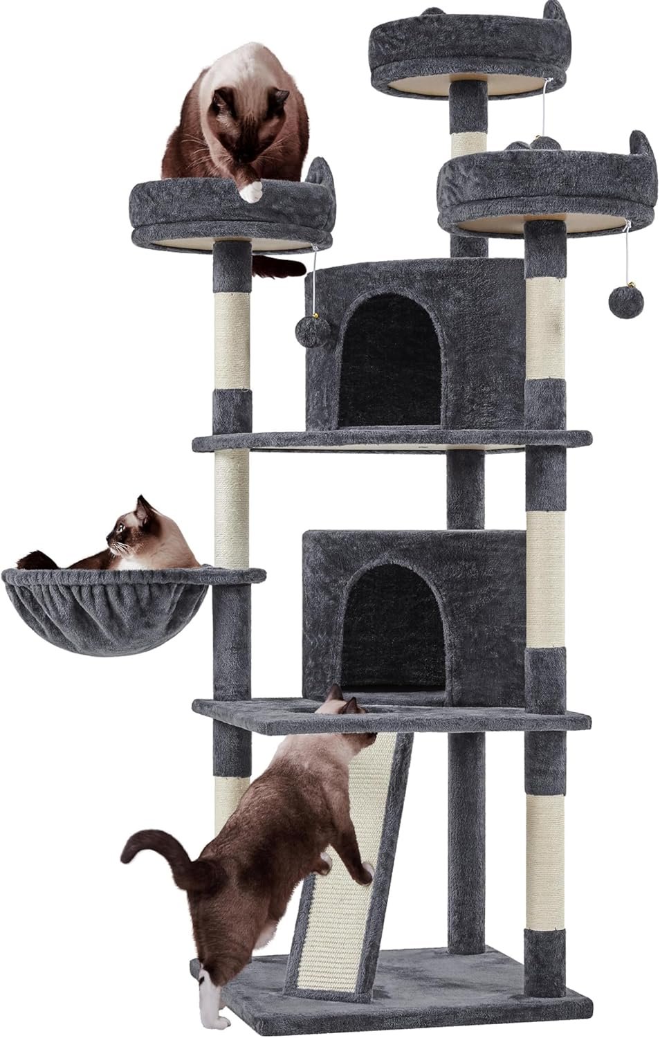 Yaheetech | 68.5in Cat Tree | for Large Cats | Multi-Level Cat Tower with 3 Wide Perches, Large Condo | Stable Pet Play House w/Sisal-Covered Scratching Posts & Board | Dark Gray