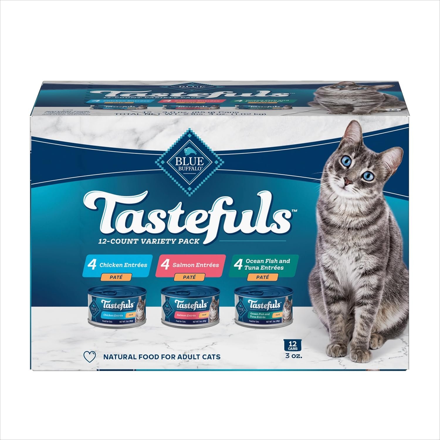 Blue Buffalo Tastefuls Natural Pate Wet Cat Food Variety Pack, Salmon, Chicken, Ocean Fish & Tuna Entrées 3-oz Cans (12 Count – 4 of Each Flavor)
