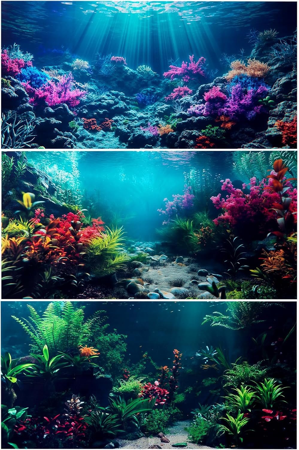 COMSUN 3 Pack Aquarium Background, 36×18 inches Polyester Aquarium Background, Cloth Fish Tank Background, Undersea Corals Sunshines & Rock Aquatic Plants