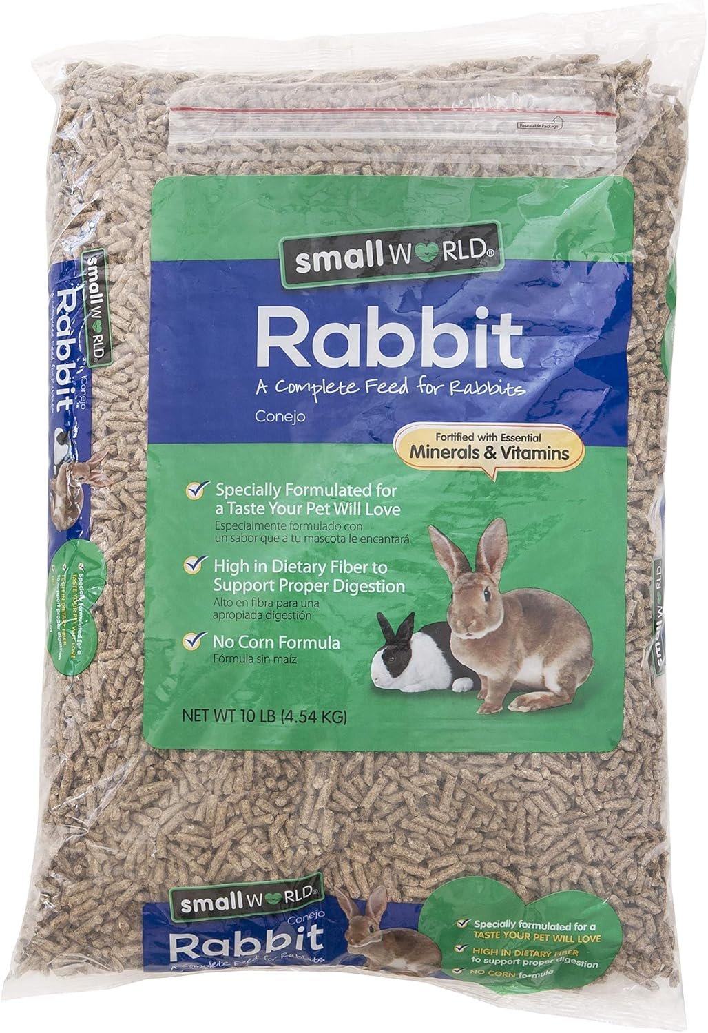 Small World Rabbit Food, Complete Feed, Pelleted Food for Rabbits, Fortified with Essential Vitamins & Minerals for Daily Health, High-Fiber Diet for Digestive Support, Resealable Bag, 10 lb