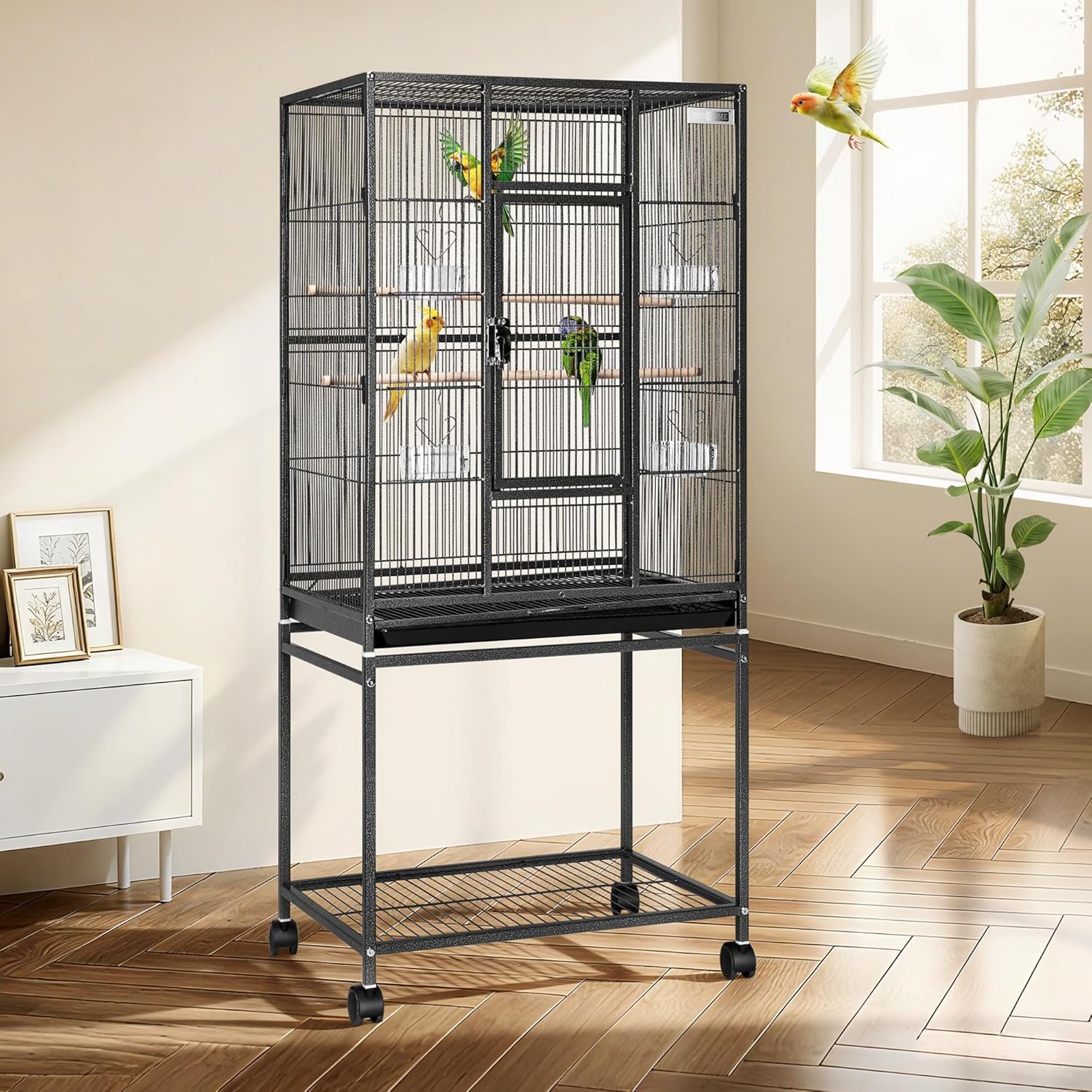 VIVOHOME 54 Inch Wrought Iron Large Bird Flight Cage with Rolling Stand for Parakeets Canaries Cockatiels Lovebirds Conures, Black