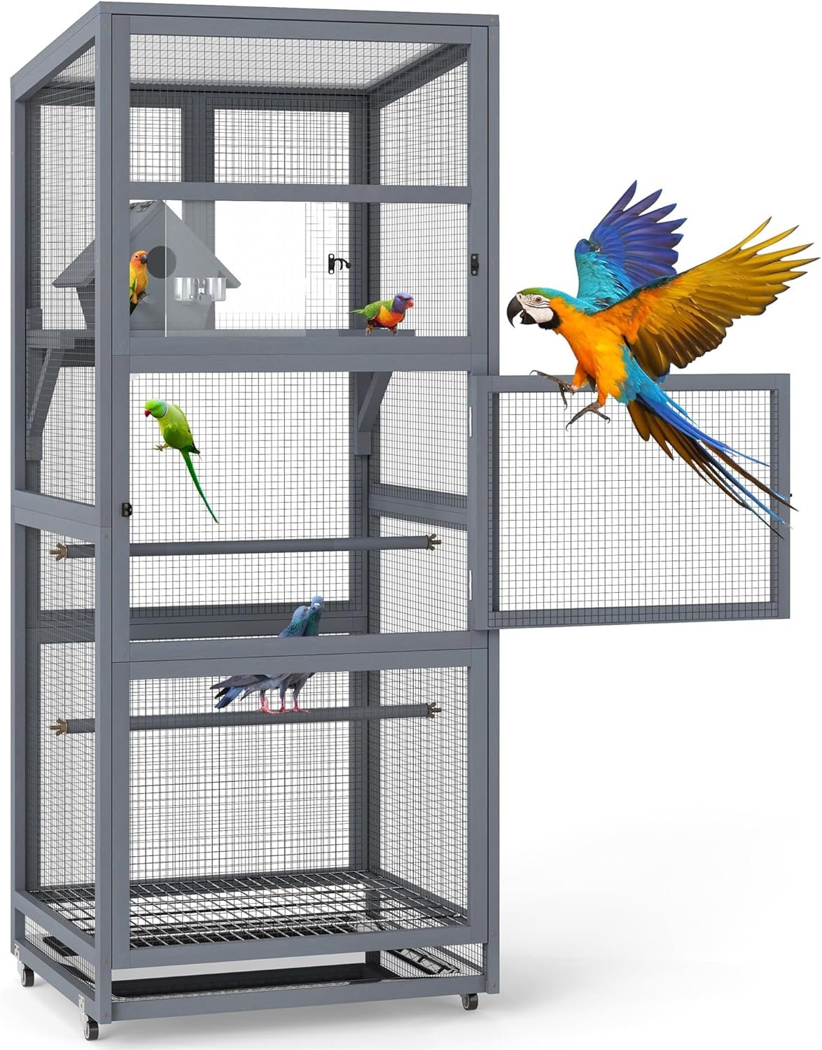 Coziwow 68″ H Large Wood Bird Cage on Wheels, Outdoor Bird Aviary Indoor Wooden Large Bird Cage Parakeet Cage with Pull Out Tray and Feeder,Ideal for Small Birds,Finches,Parrots, Gray