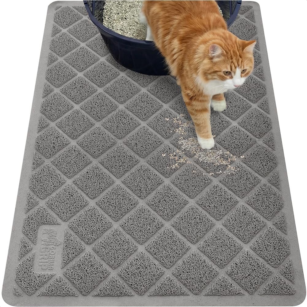 GORILLA GRIP Cat Litter Box Mat, 35×23, Water Resistant, US Designed Kitty Litter Trapping Mats, Easy to Clean, Scatter Control, Less Mess and Clean Floors, Kitten Supplies for Indoor Cats, Gray