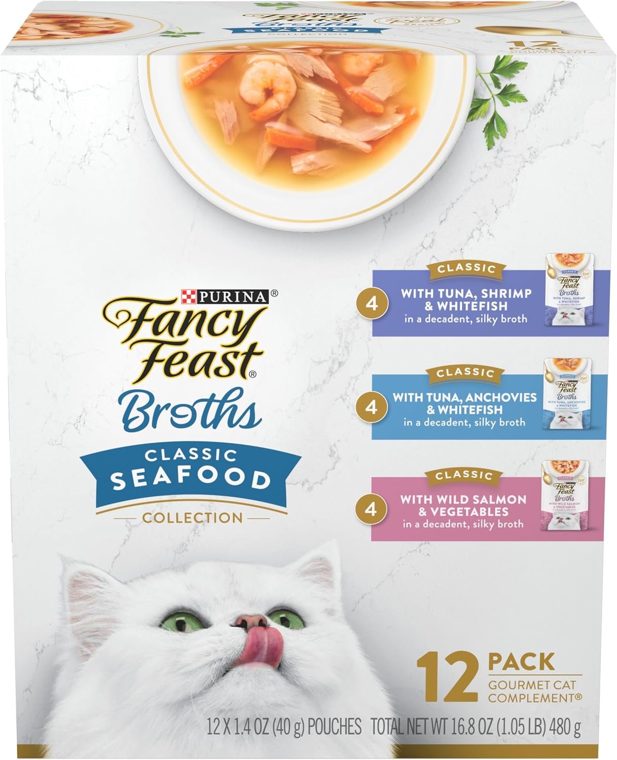 Purina Fancy Feast Lickable Wet Cat Food Broth Complement Classics Collection Variety Pack – (Pack of 12) 1.4 oz. Pouches