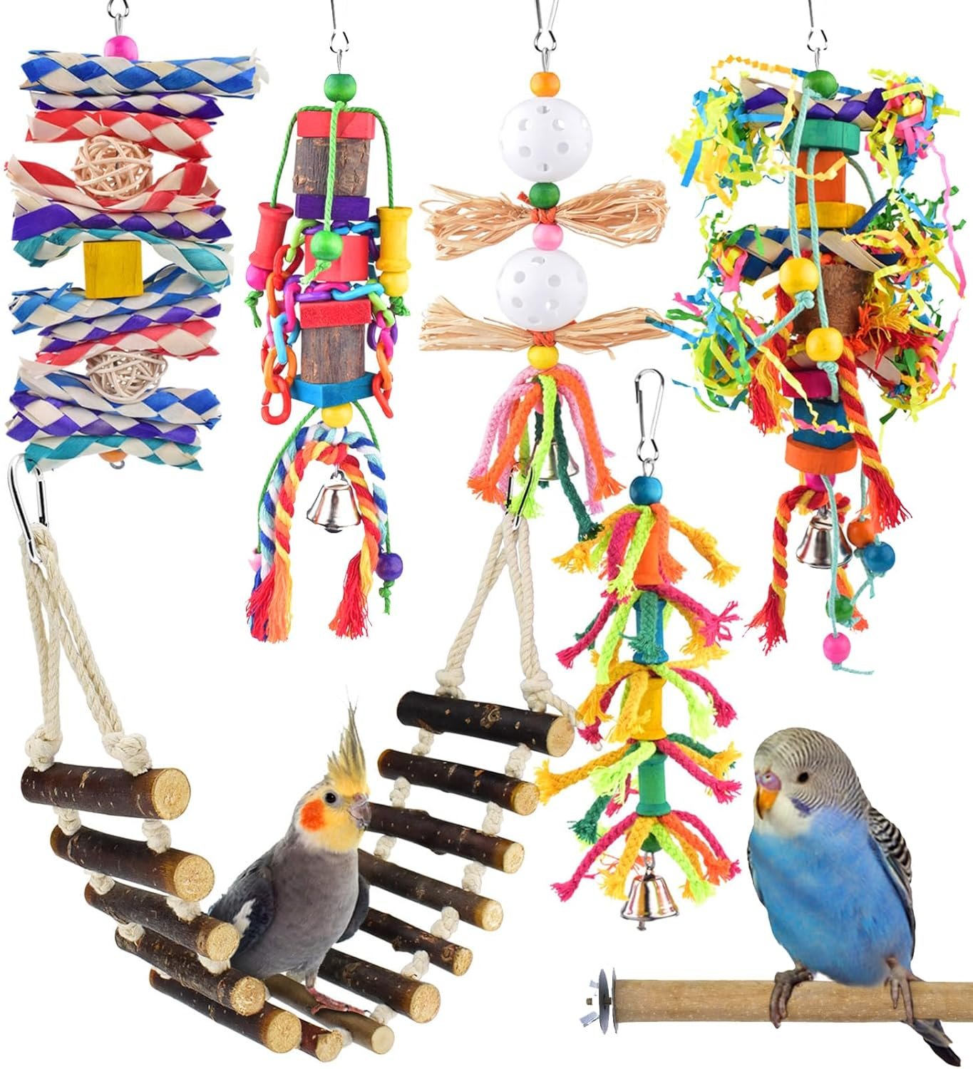 KATUMO Bird Toys, Parakeet Swing Parrot Ladder Cockatiel Perch Conure Hanging Bell Toys for Parakeet Conure Cockatiel Mynah Love Bird Small Birds