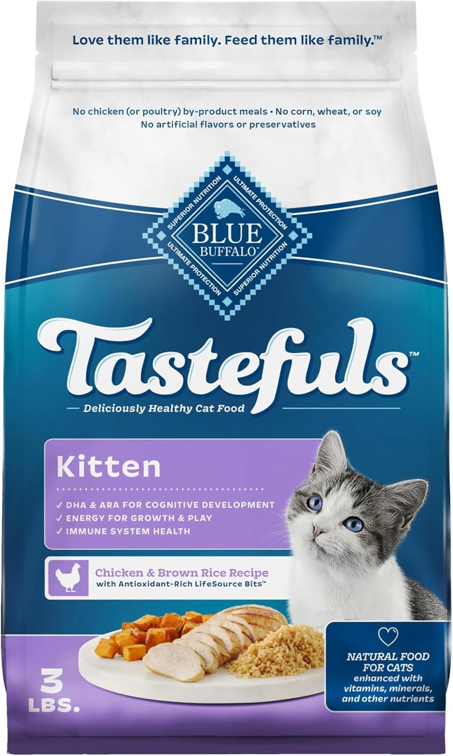 Blue Buffalo Tastefuls Kitten Food With DHA Dry Cat Food Made in the USA with Natural Ingredients, Chicken Recipe, 3-lb. Resealable Bag