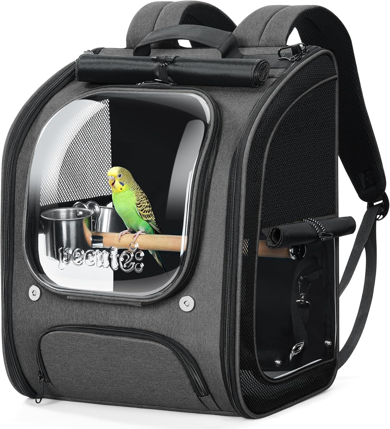Pecute Bird Backpack Carrier for Small Birds,Cockatiel,Parrot,Bird Carrier with Standing Perch,Comfy Mat&Transparent Window, Breathable Bird Backpack for Vet Visit,Shopping and Outdoor Adventure,Grey