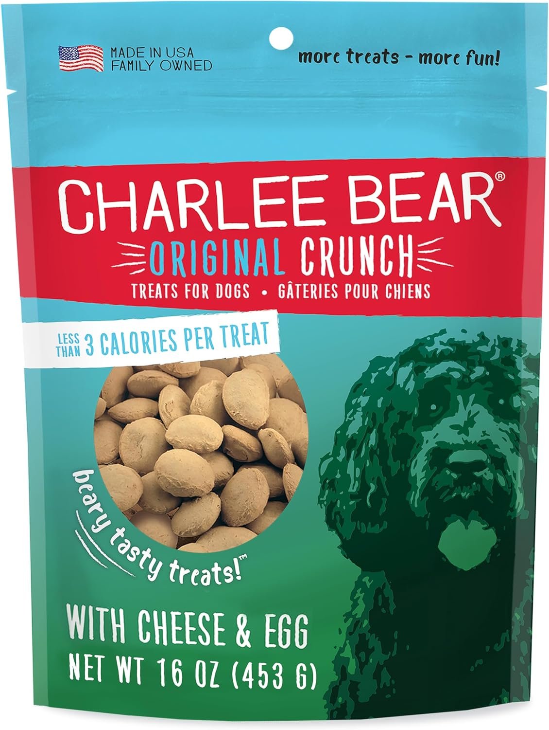 Charlee Bear Original Crunch Dog Treats, Cheese and Egg, 16 Ounce Resealable Bag, Low Calorie Training Treats for Dogs, Limited Ingredient, Healthy, Crunchy Dog Snacks, Made in USA