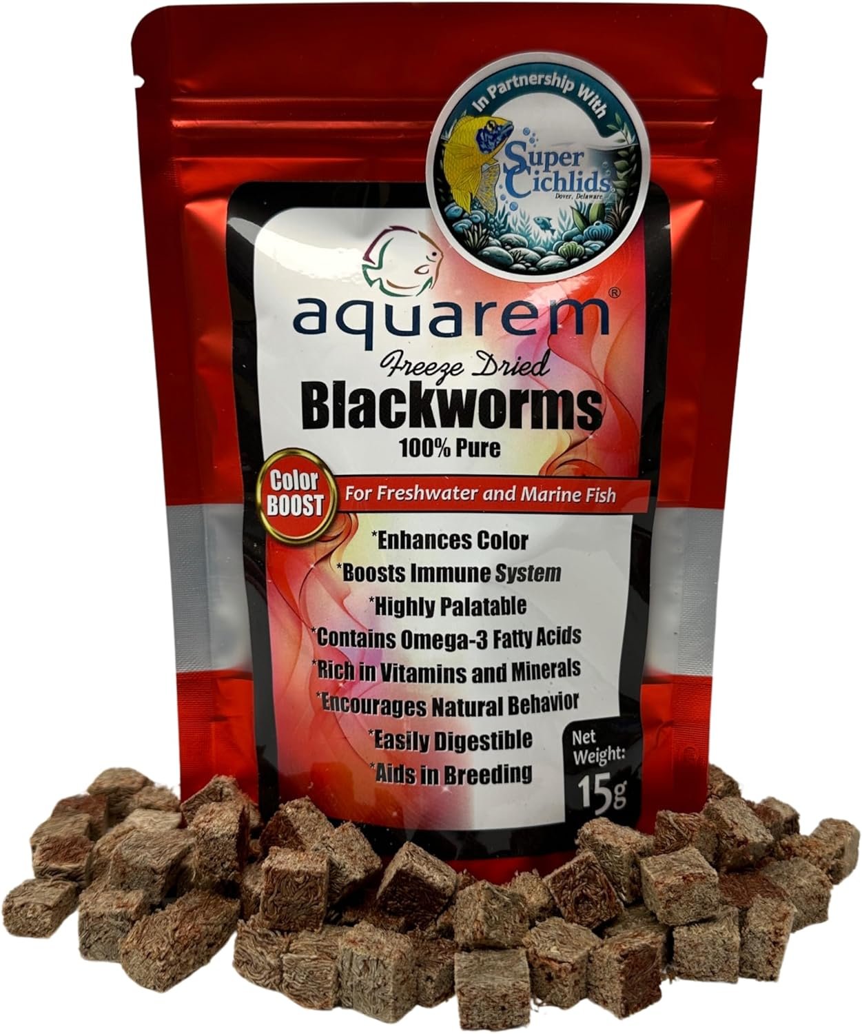 Super Cichlids Freeze Dried Blackworms with Color Boost – Great for Tropical & Marine Aquariums – High Protein, No Preservatives – Live Blackworms Replacement (15 Grams)