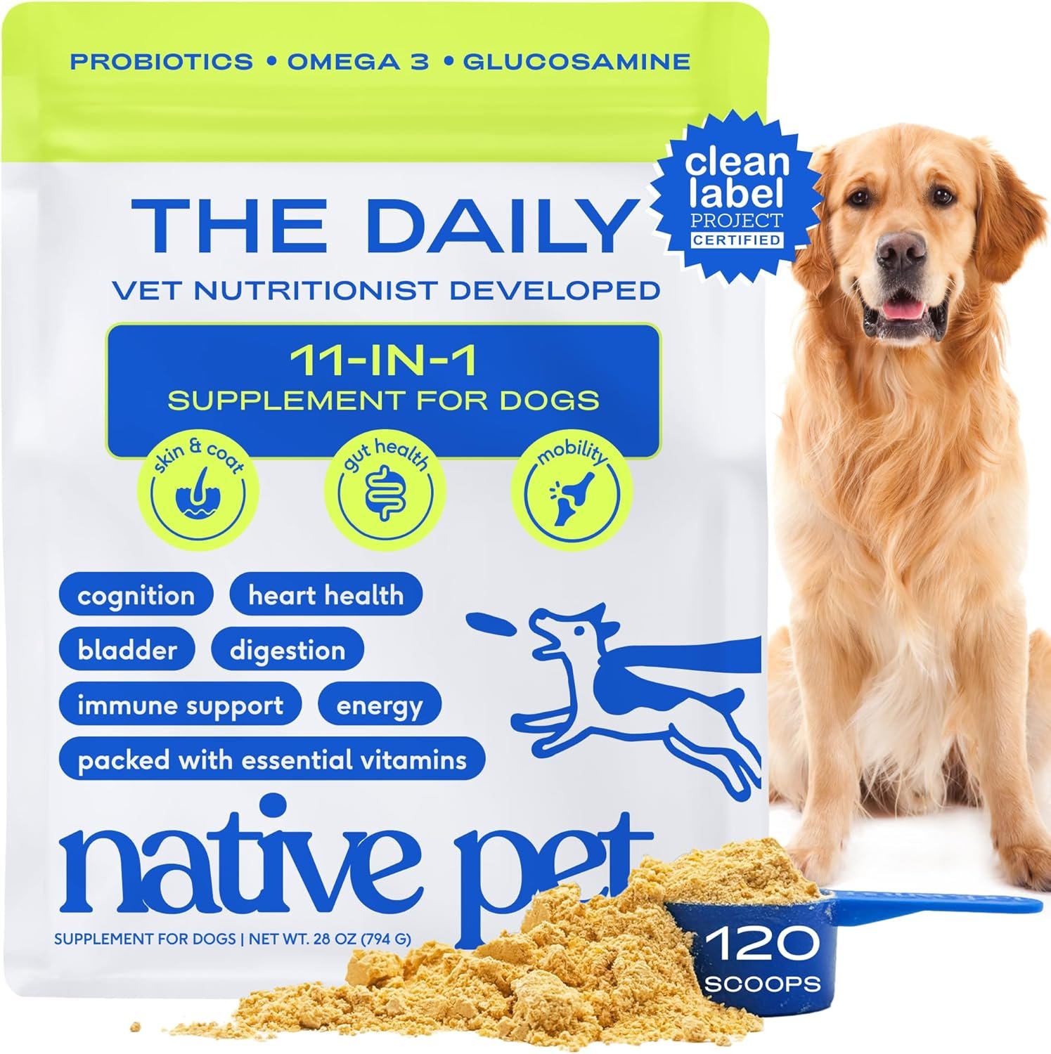 Native Pet The Daily Dog Vitamins & Supplements – 11-in-1 Multivitamin Powder for Dogs – Supports Whole Body Health, Digestion, Mobility & Immunity with Collagen, Glucosamine & Probiotics –120 Scoops