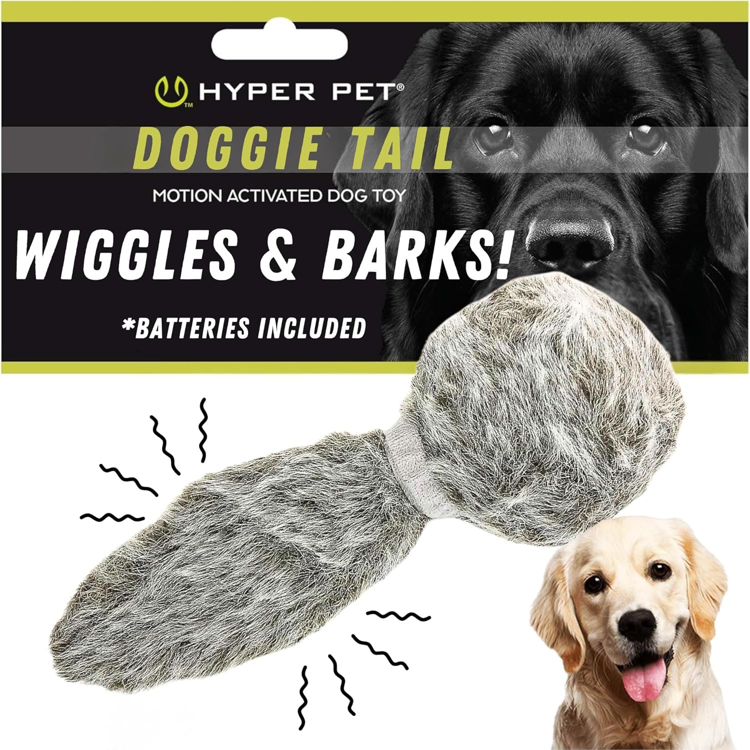 Hyper Pet Doggie Tail Interactive Plush Automatic Dog Toys, Durable, Wiggles, Vibrates, and Barks, Batteries Included, for All Dog Breeds, Boredom Buster
