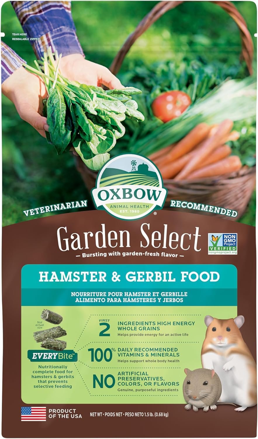 Oxbow Garden Select Hamster and Gerbil Food, Vitamin & Mineral Rich Daily Diet for Hamsters & Gerbils, Veterinarian Formulated, Non-GMO, Oxbow, Made in USA, 1.5 lb Bag