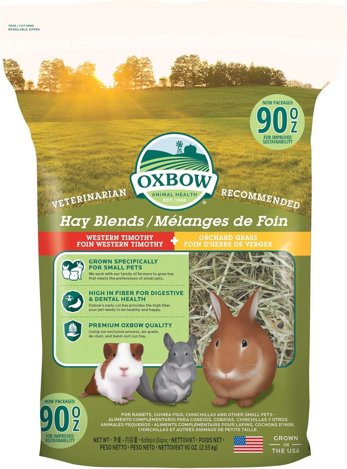 Oxbow Hay Blends, Western Timothy Hay & Orchard Grass, Guinea Pig Food, Small Pet Bunny Supplies, All Natural Grass for Guinea Pig & Rabbit, Oxbow Rabbit Supplies for Bunnies, 90 oz. bag