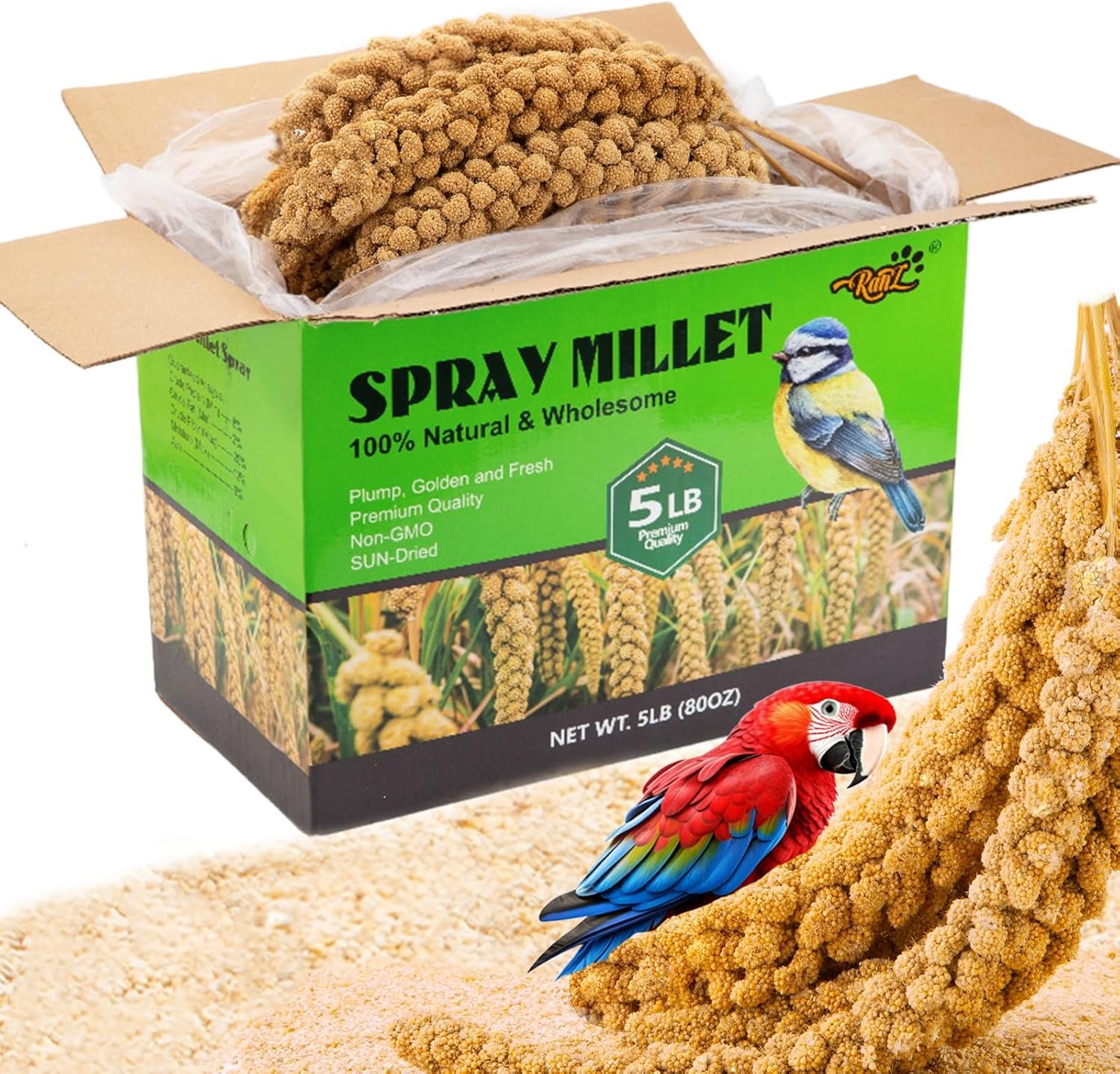 RANZ 5LBS Spray Millet Treat for Pet Birds, Hand-Harvested Bird Snack, Natural Sun-Dried Millet Spray for Parakeets, Parrots, Cockatiels, Lovebirds, Budgies, Finches, Canaries