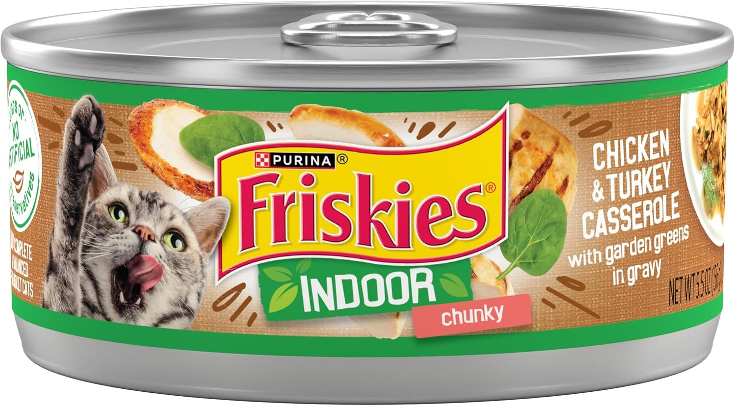 Purina Friskies Indoor Cat Food Chunky Chicken and Turkey Casserole With Garden Greens in Gravy 24/5.5 Oz – (Pack of 24) 5.5 Oz. Cans