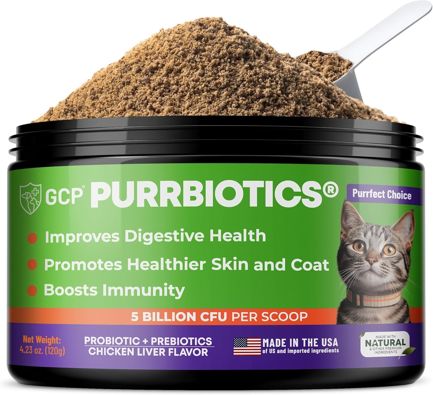 Guardian’s Choice Purrbiotics, Cat Probiotic Powder for Digestive & Immune Support, 5 Billion CFU with Prebiotics & Fiber, Shelf-Stable Probiotics for Cats, Chicken Flavor Cat Probiotics, 120 Servings