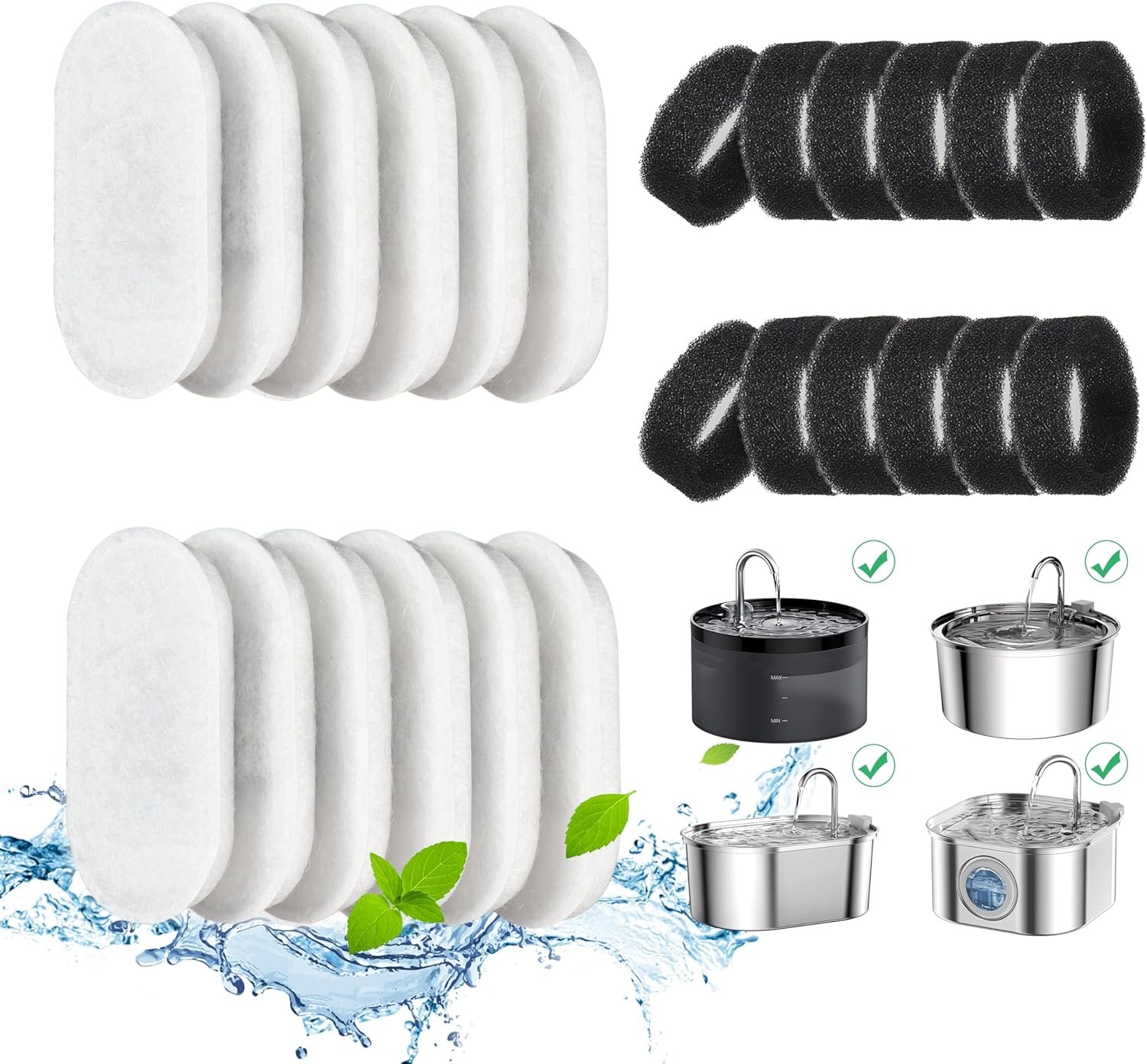 Cat Water Fountain Filters, 24 Pack Cat Fountain Filters, Cat Fountain Replacement Filters for 67oz/2L&108oz/3.2L Stainless Steel Cat Water Fountain, Pet Water Fountain Filters (12 Filters&12 Sponges)