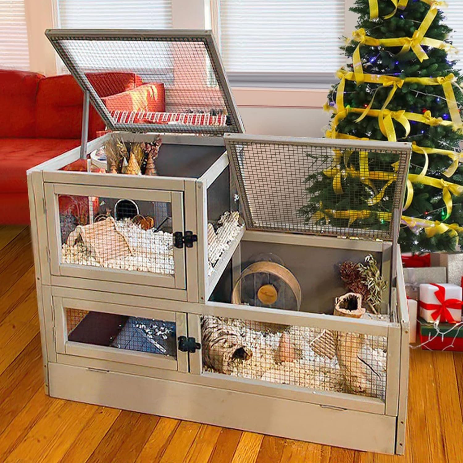 Hamster Cage 2 Story Guinea Pig Cage Large Rat House Indoor Rabbit Cage Outdoor Bunny Hutch with Leakproof PVC Floor and Anti-Chewing Edge