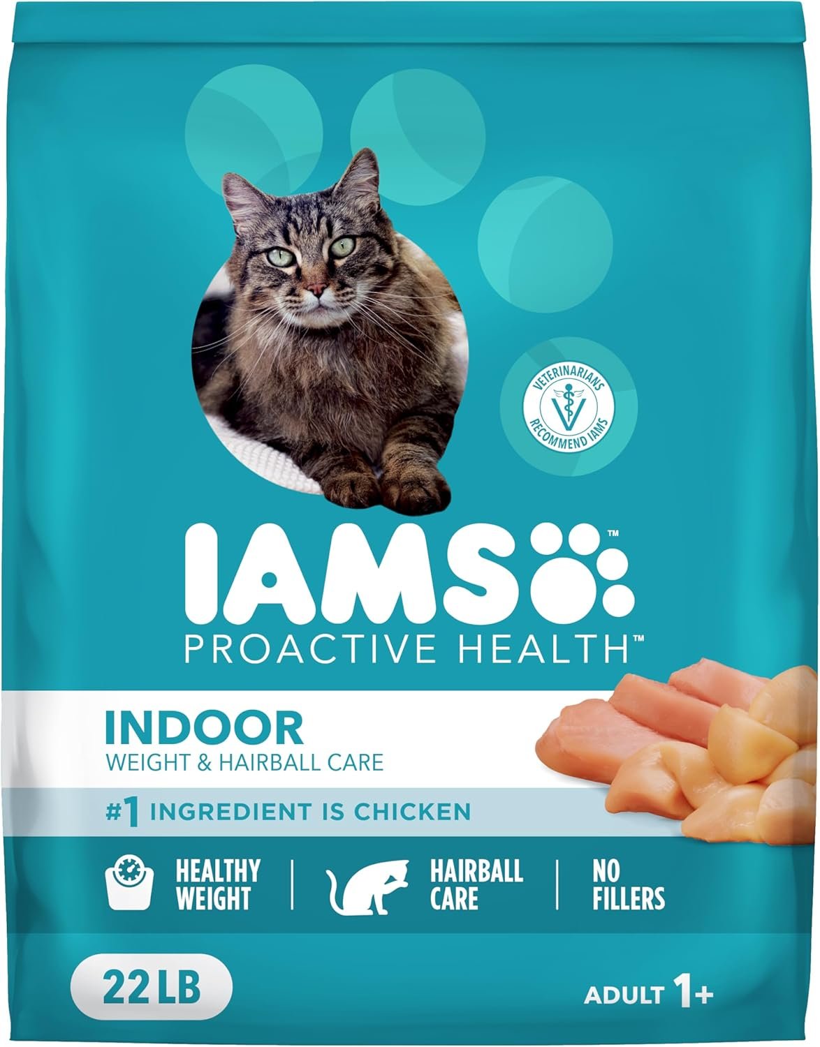 IAMS Proactive Health Dry Cat Food, Indoor Weight and Hairball Care Cat Food Dry Recipe, with Real Chicken in Every Bite, 22 lb. Bag