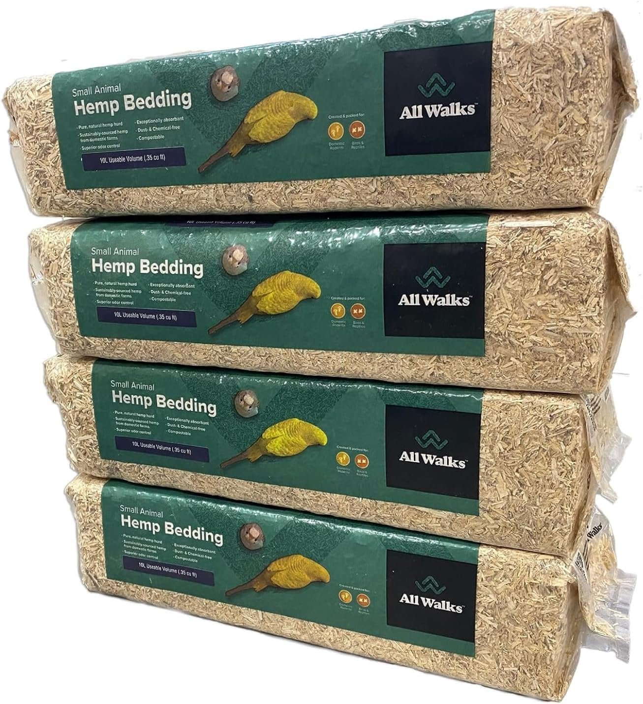 All Walks 40 Liters(4 x 10L Bags) Premium Natural Hemp Bedding, Odor Control, Low Dust, Highly Absorbent, for Rabbits, Hamsters, & Small Animals, Biodegradable, Made in USA