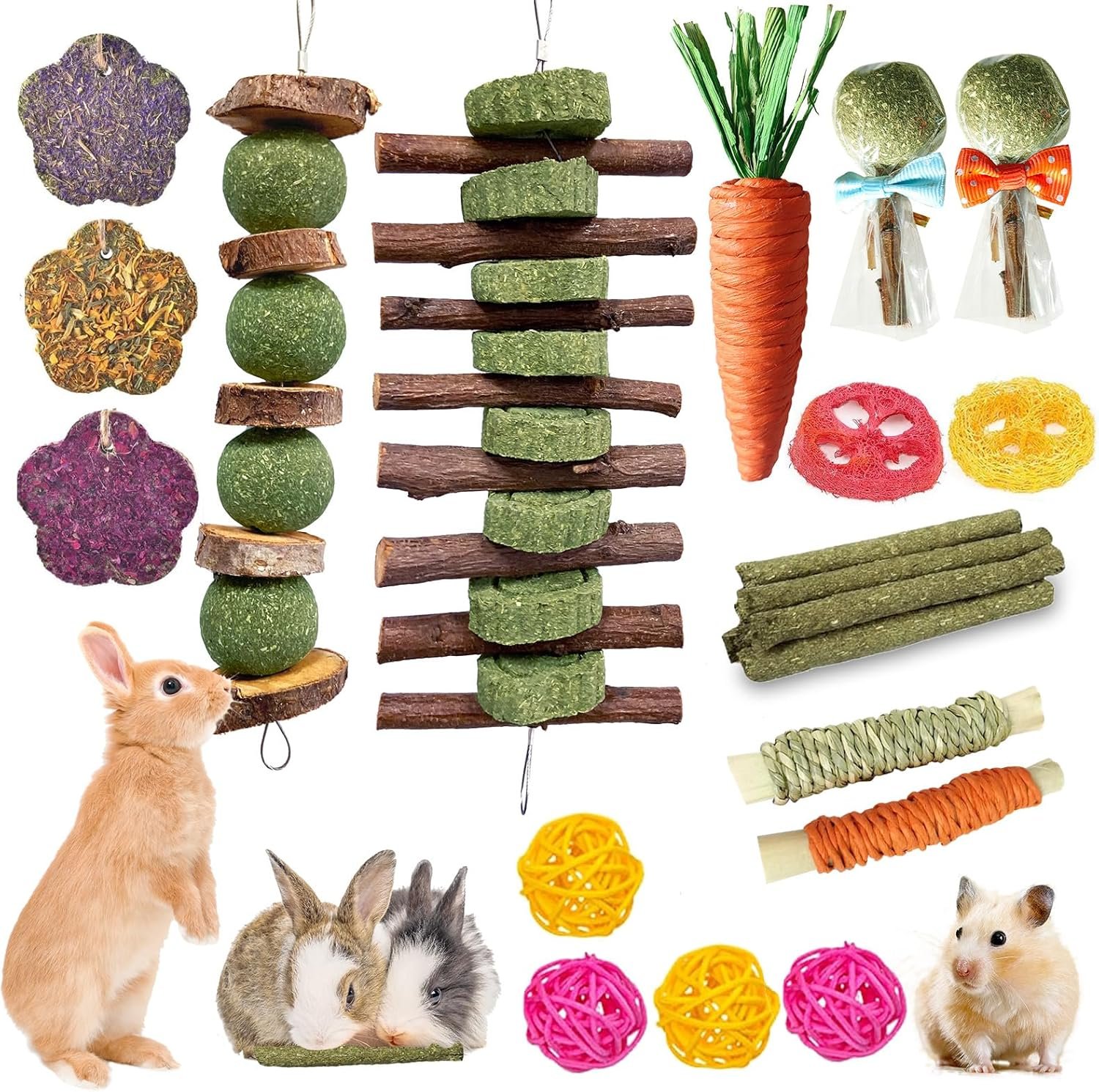 Jorewood 21 Pcs Rabbit Chew Toys for Teeth, Natural Bunny Toys Peach Wood Grass Timothy Sticks Chew and Treat for Guinea Pigs Hamster Chinchillas and Other Small Pets