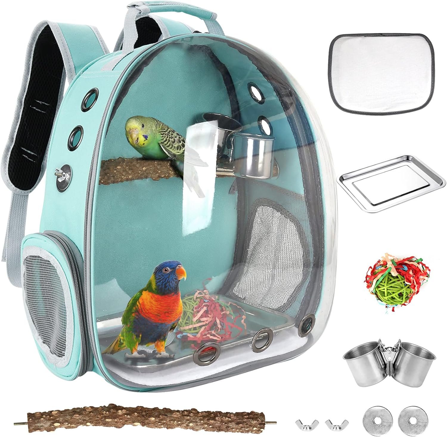 Bird Backpack Carrier with Perch, Portable Wild Bird Travel Cage Bag, Parrot Carrier Cockatiel Cage w/Toy Stainless Steel Food Bowl Tray for Conures Parakeet Budgie Canary Lovebirds Small Animals