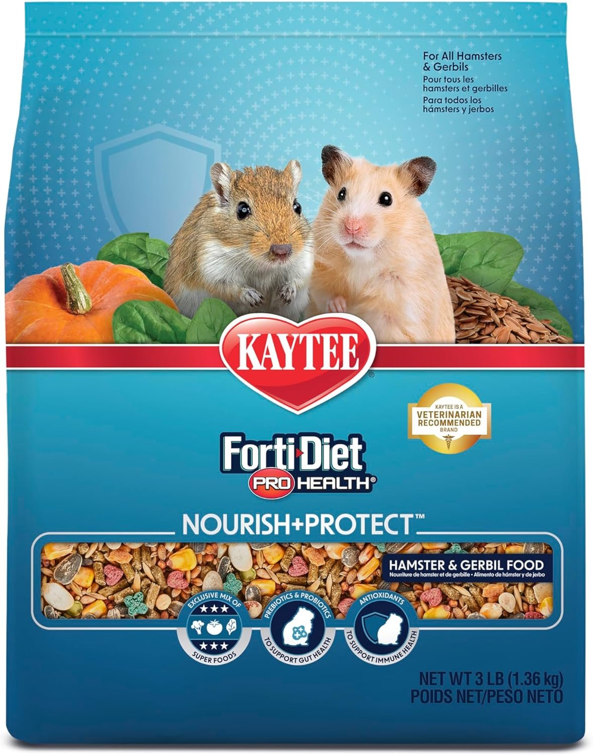 Kaytee Forti-Diet Pro Health Nourish+Protect Hamster and Gerbil Food, Comprehensive Nutrition Backed by Science, Digestive Health, Immune Support, 3 Pounds