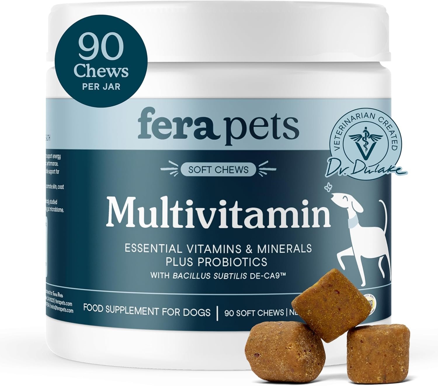 Fera Pets Dog Multivitamin Chews with Glucosamine and Probiotics – Essential Dog Vitamins & Minerals – Promotes Healthy Digestion & Joints – Boosts Skin & Coat Health with Omega-3s – 90 Soft Chews