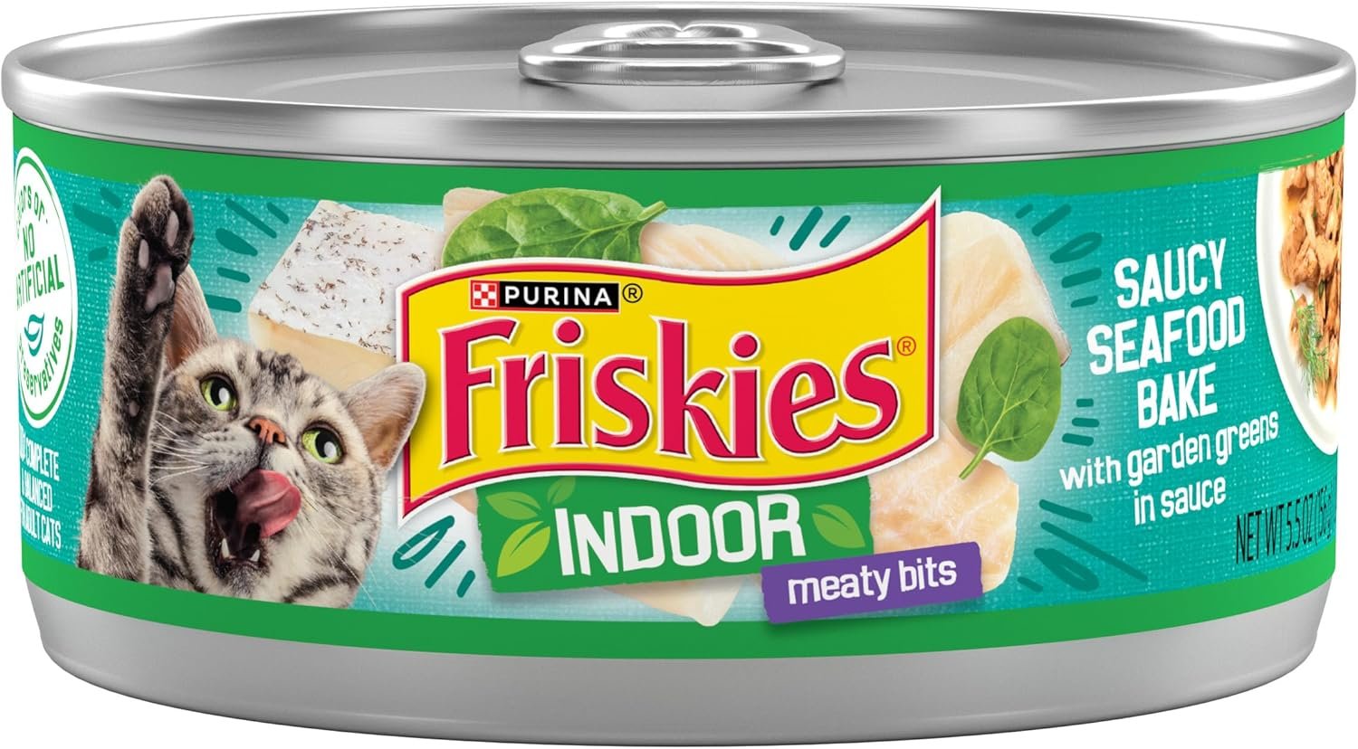 Purina Friskies Indoor Cat Food Meaty Bits Saucy Seafood Bake With Garden Greens in Sauce – (Pack of 24) 5.5 oz. Cans