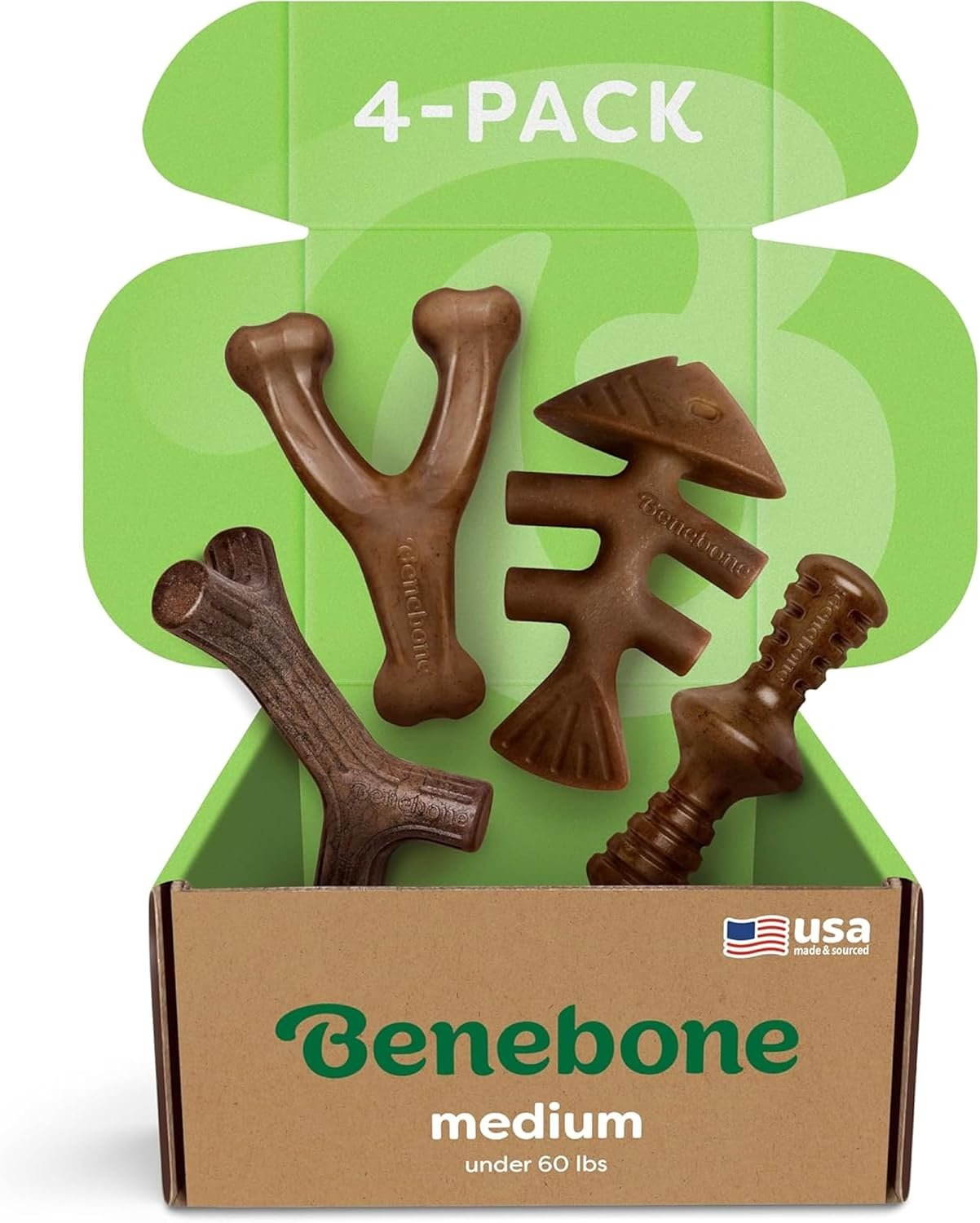 Benebone Medium 4-Pack Dog Toys for Aggressive Chewers – Durable Dog Bones, Made in USA – Dog Toys for Medium Dogs Under 60 lbs