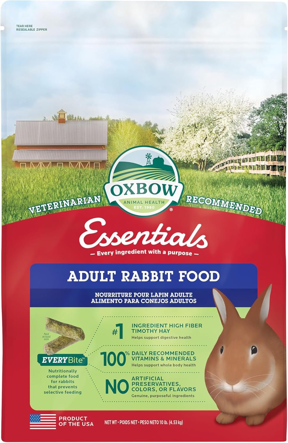 Oxbow Essentials Rabbit Food, Adult, Made with Oxbow Timothy Hay for Rabbit, Pet Pellets with Vitamins & Minerals, Small Animal Pet Products, Bunny Food, Made in USA, High Fiber, 10 lb. Bag
