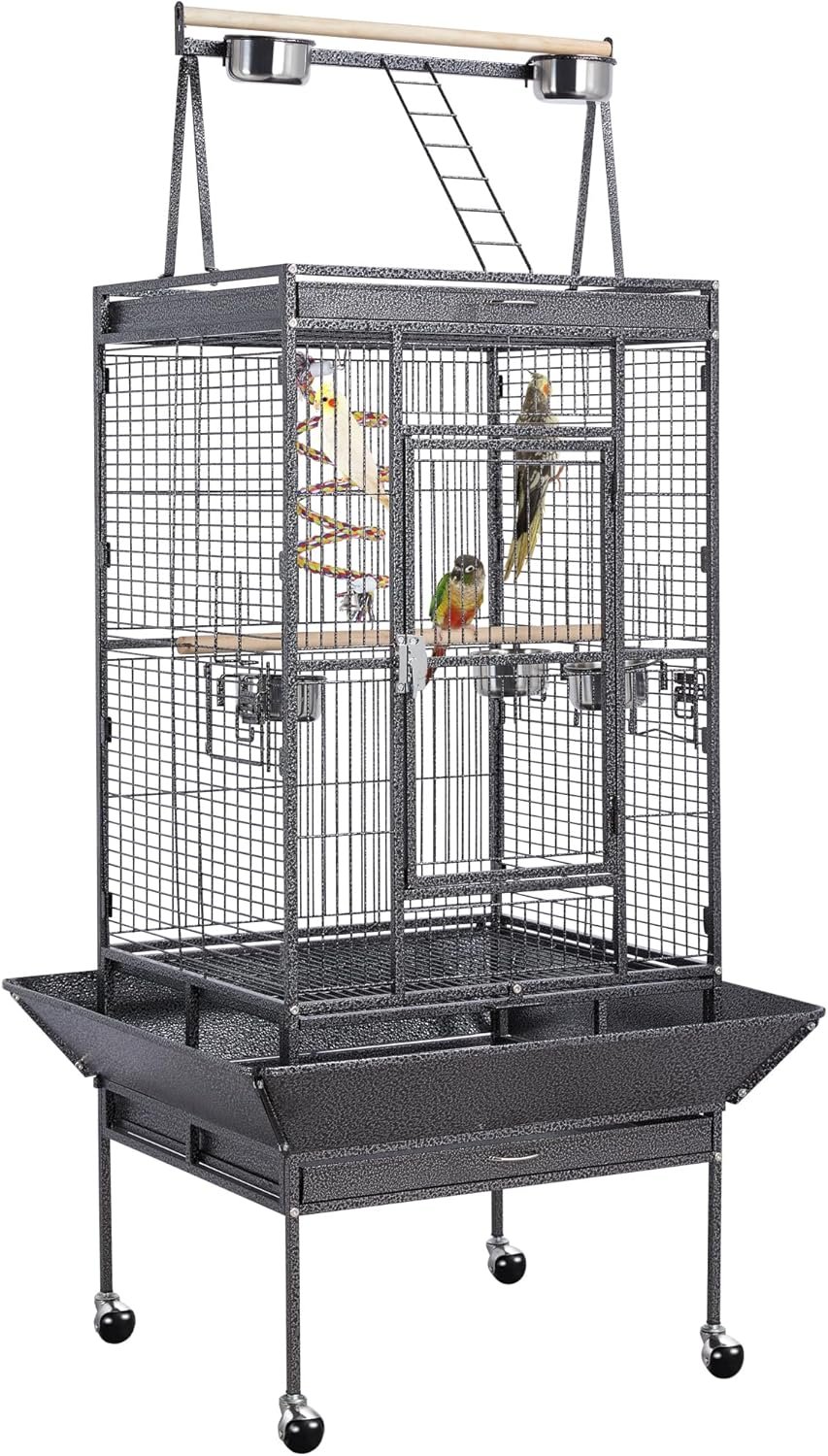 Yaheetech 69-inch Wrought Iron Rolling Large Parrot Bird Cage for African Grey Small Quaker Amazon Cockatiel Sun Parakeet Green Cheek Conure Dove Lovebird Budgie Play Top with Stand