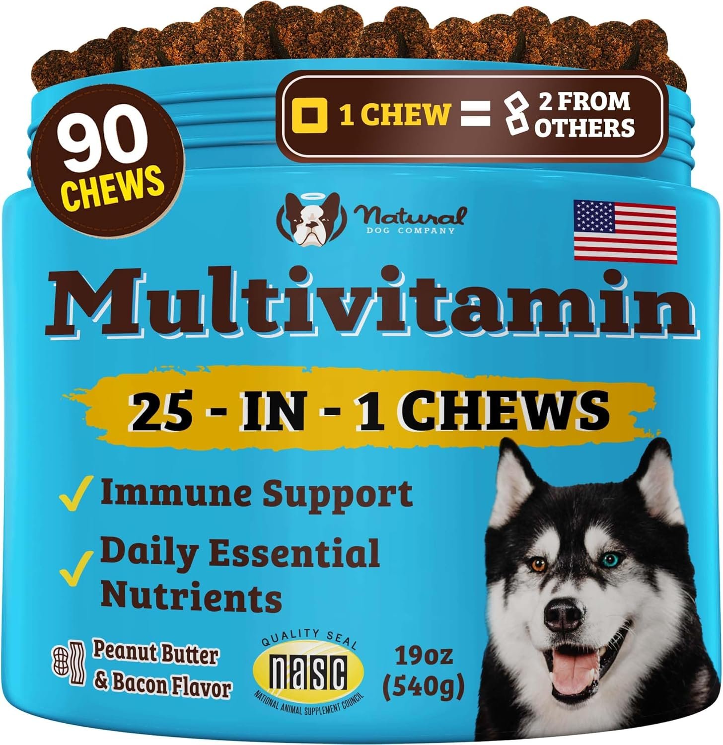 Natural Dog Company 25-in-1 Multivitamin for Dogs – Vet-Formulated Soft Chews for Puppies, Adults & Seniors, Supports Joints, Skin, Coat, Immune & Heart Health, NASC Certified, 90 Count