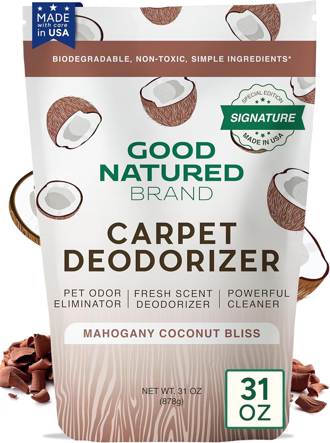 Good Natured Brand | Carpet Deodorizer & Freshener Powder | 31 oz Pet Odor Eliminator for Strong Odor & Pet Urine | Fresh Natural Mahogany Coconut Bliss Scent | Safe for Homes with Pets