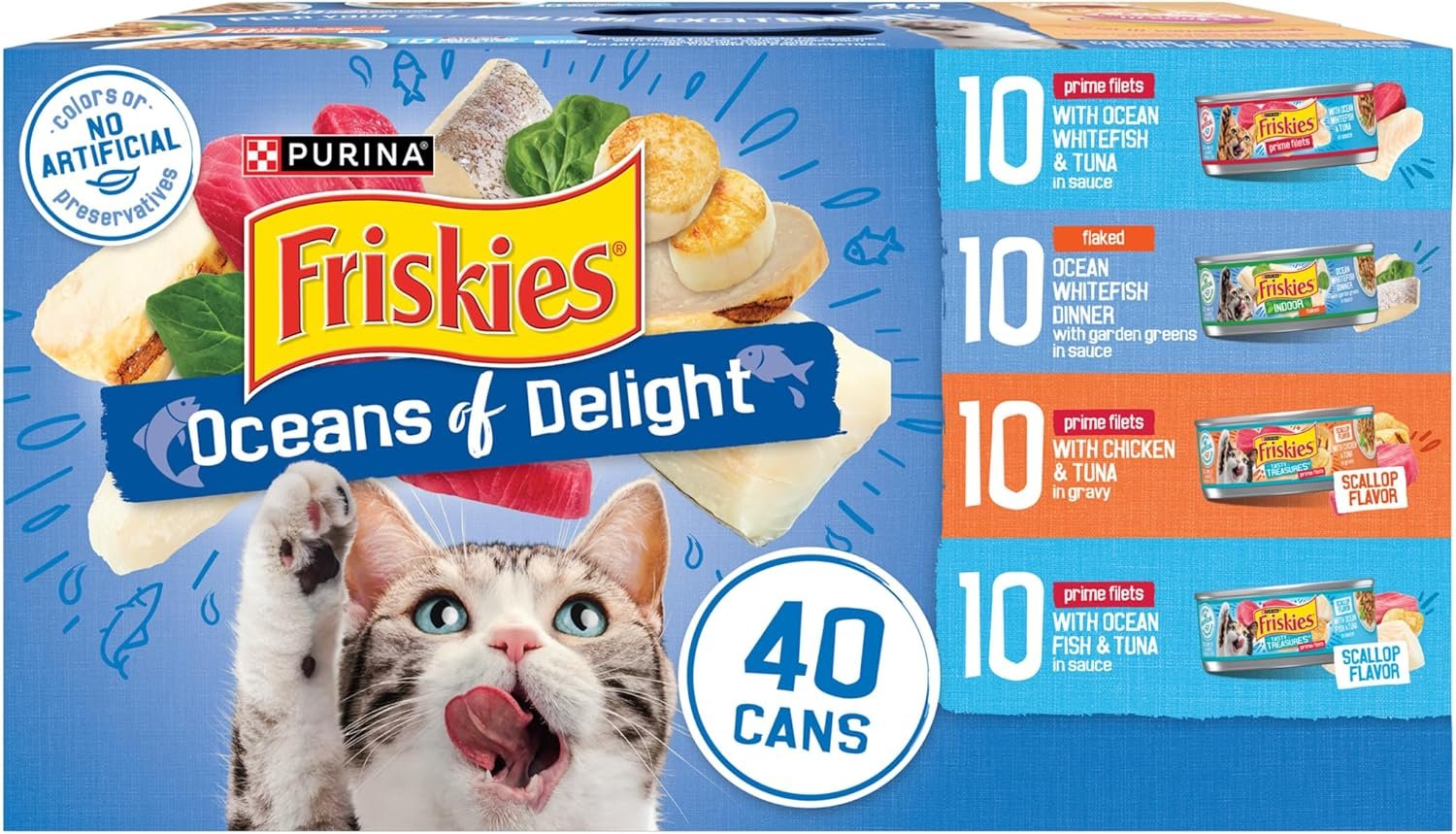 Purina Friskies Wet Cat Food Variety Pack, Oceans of Delight Flaked and Prime Filets – (Pack of 40) 5.5 oz. Cans