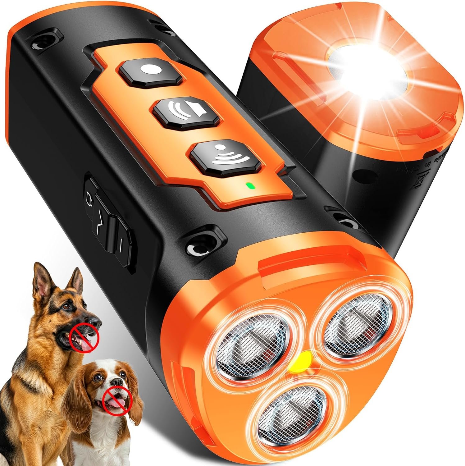 1-Touch Dog Bark Deterrent Devices with 3 Sonic Heads,Portable 50ft Range Anti Barking Device for Dogs,Rechargeable & Safe Dog Training Tool with Flashlight,Helps Improve Dog’s Behavior Orange