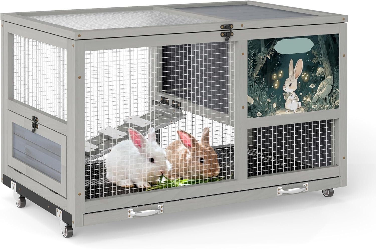 COZIWOW 36.5-Inch Double-Decker Wooden Rabbit Hutch with Wheels, Featuring A Cleaning Tray and Ladder—Stylish and Easy to Assemble（Grey and Pattern）