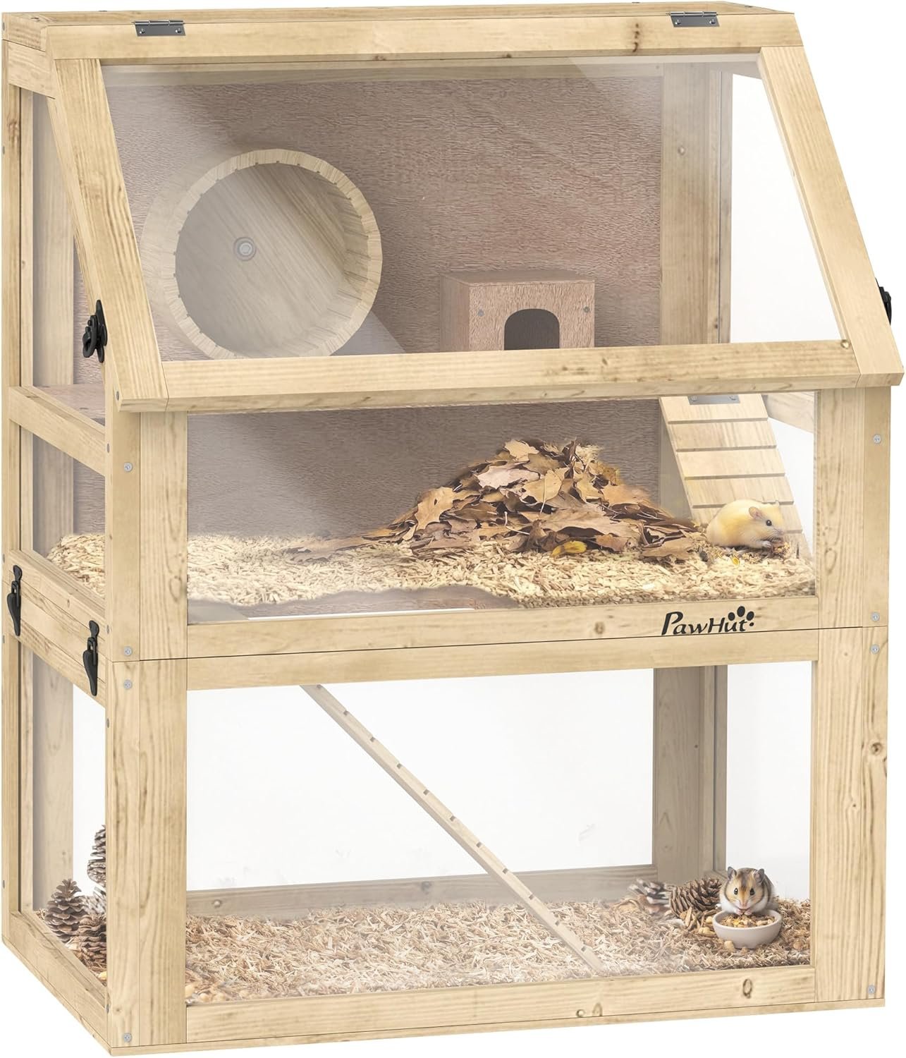 PawHut Wooden Hamster Cage, 3 Tier Small Animal Cage with Detachable 12.6″ Deep Bottom, Hut, Seesaw, Exercise Wheel, Ramps, Hamster Habitat for Dwarf, Gerbil, 24″ x 16″ x 29.5″