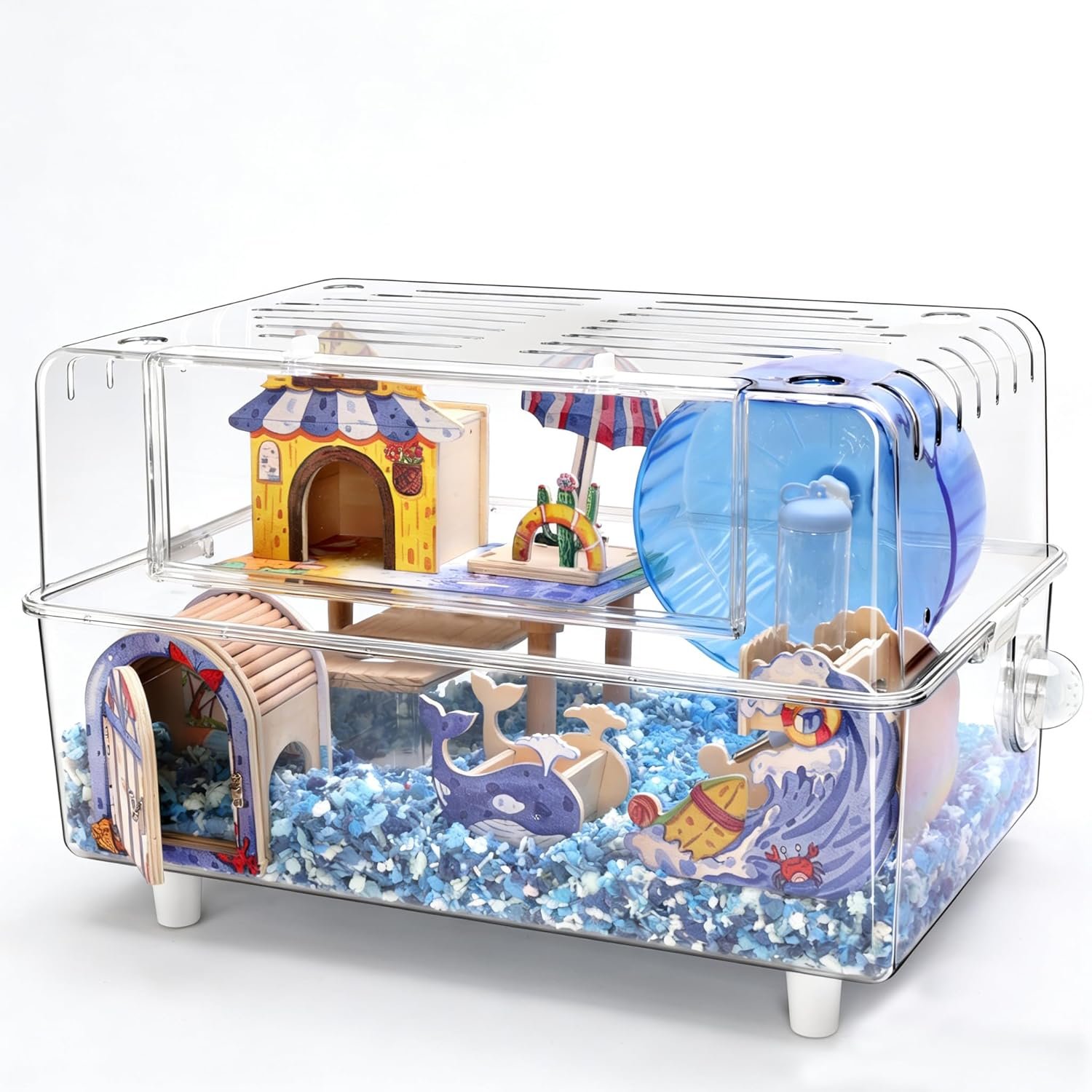 10 in 1 Acrylic Hamster Cage with Complete Ocean Style Accessories,23.2″ Double-Level Panoramic Habitat,Easy to Assemble & Clean,Complete Starter Kit for Syrian Hamsters & Mice